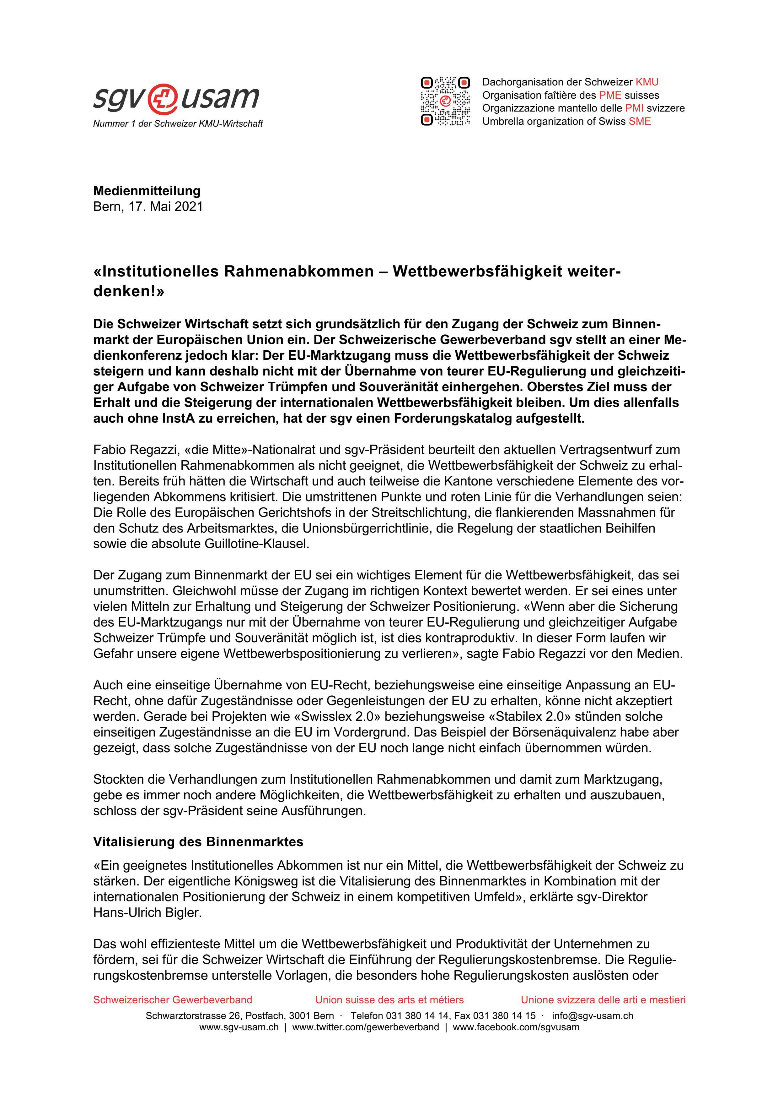 «Institutionelles Rahmenabkommen – Wettbewerbsfähigkeit weiterdenken!»