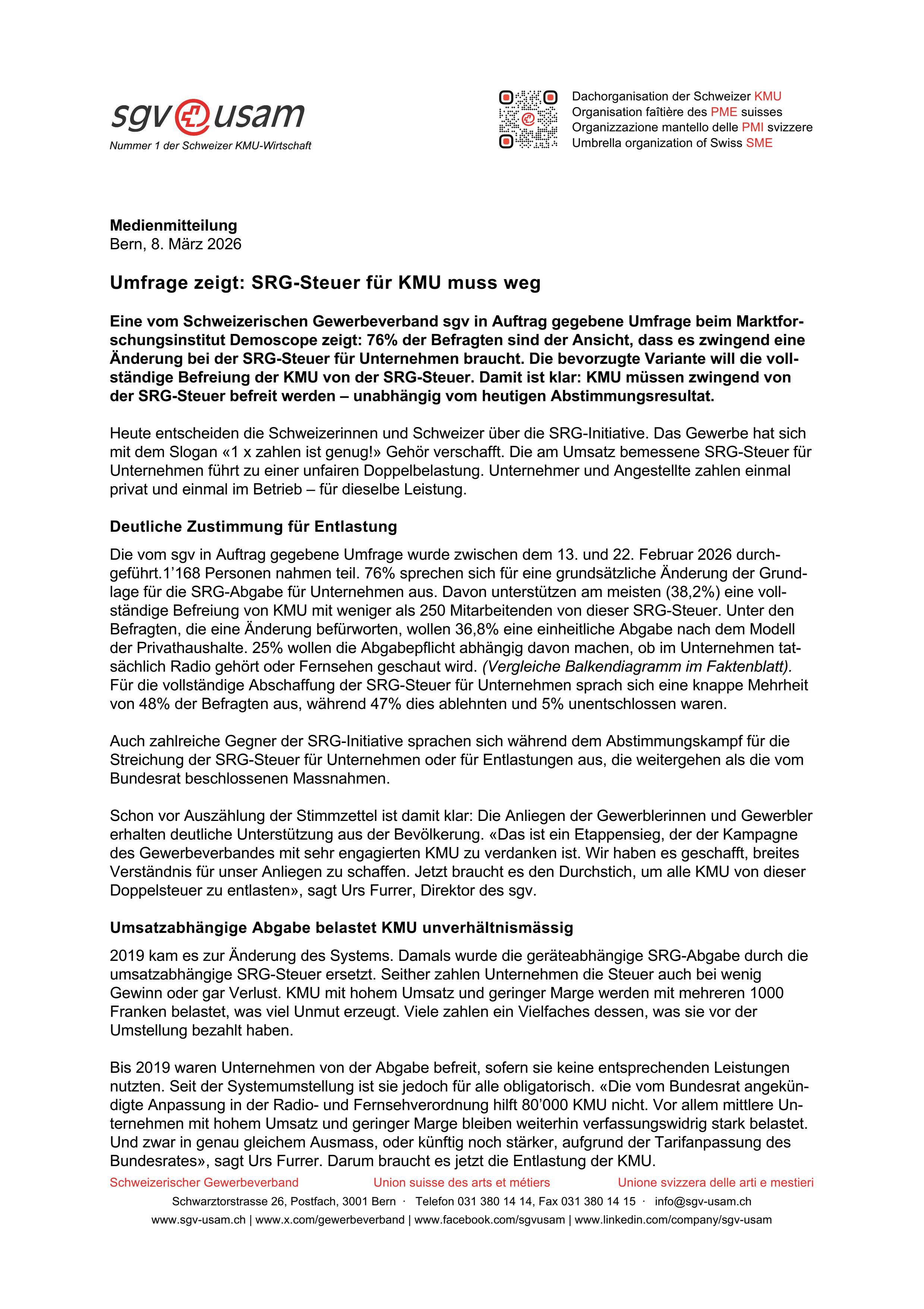 Umfrage zeigt: SRG-Steuer für KMU muss weg