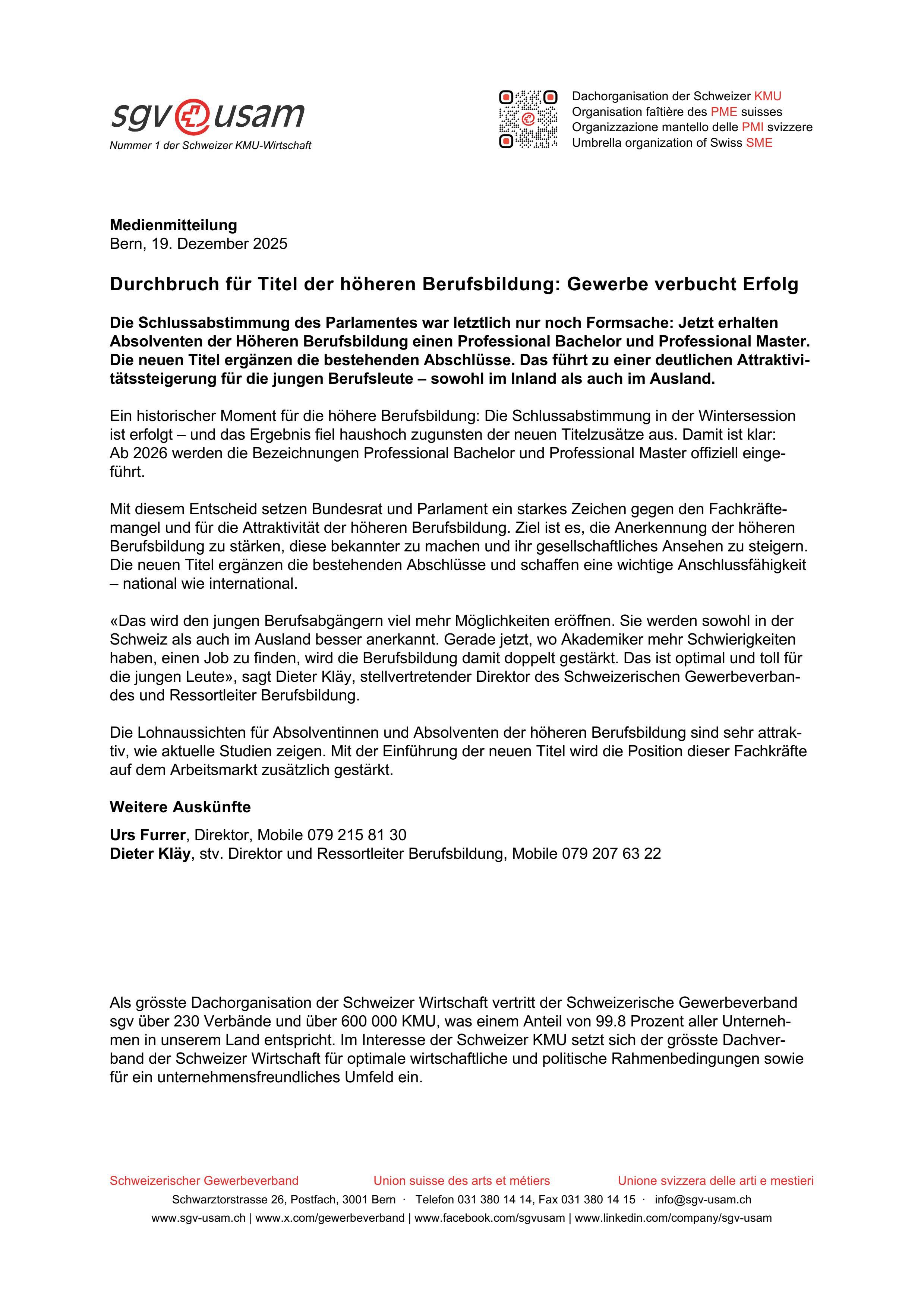 Durchbruch für Titel der höheren Berufsbildung: Gewerbe verbucht Erfolg